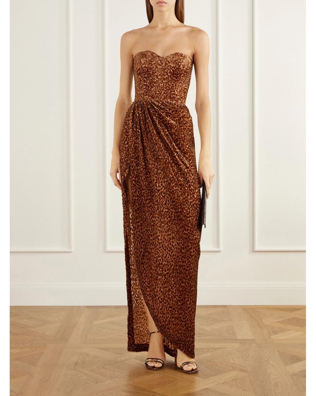 Alex Perry Brown Gathered Leopard-Effect Devoré Gown