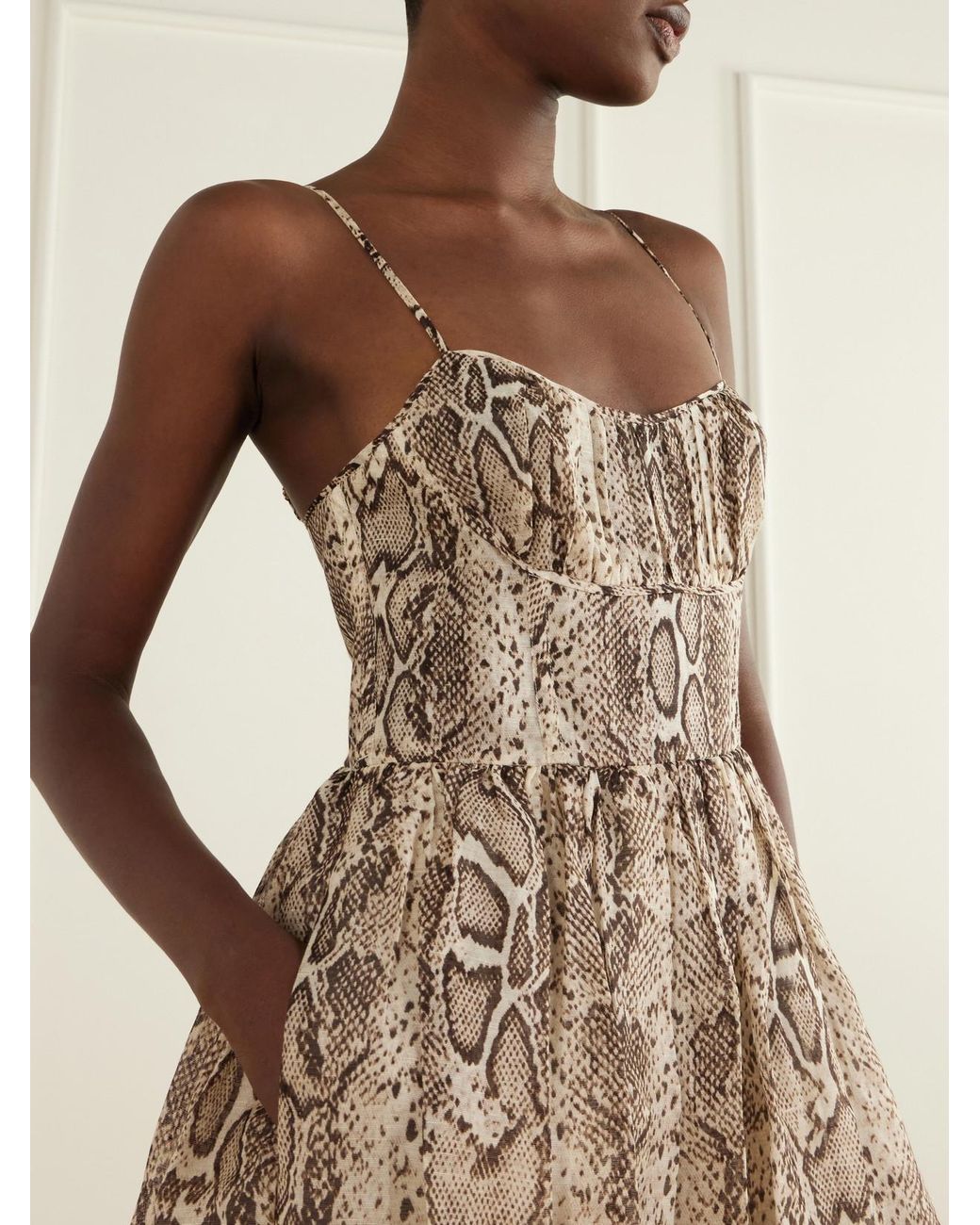 Cara Cara Natural Alba Gathered Snake-Print Linen And Silk-Blend Organza Midi Dress