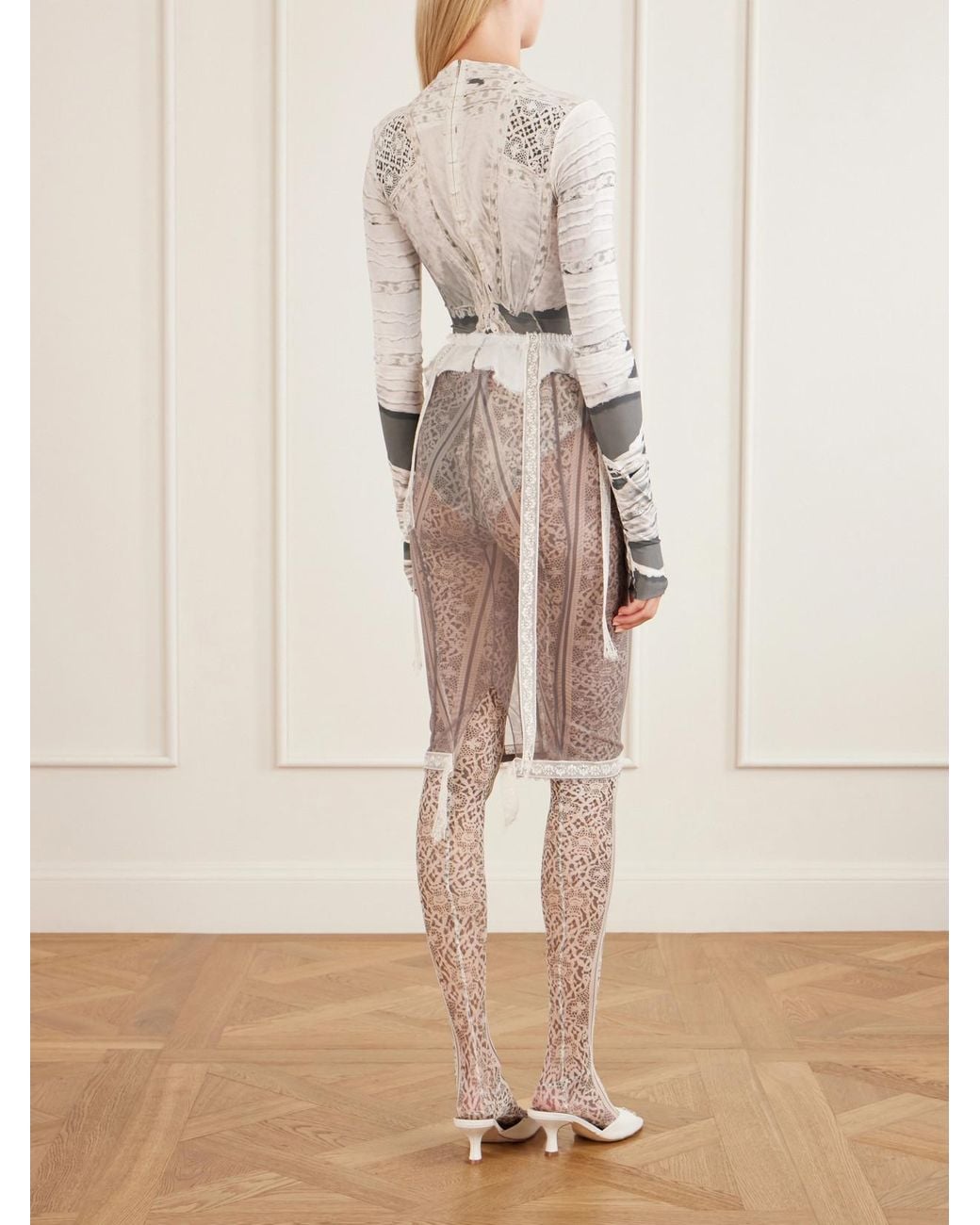 Dilara Findikoglu Natural Past Edges Printed Lace-Trimmed Stretch-Jersey Bodysuit