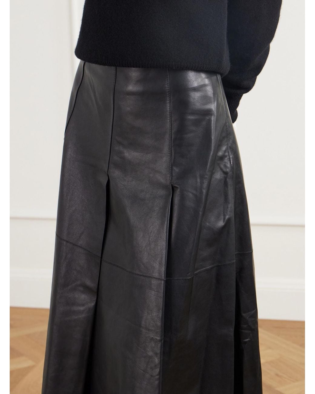 Joseph Black Riya Paneled Pleated Leather Midi Skirt