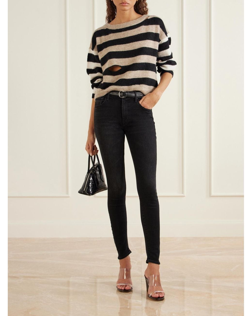 Mother Black The Cold Shoulder Distressed Cropped Striped Alpaca-Blend Sweater