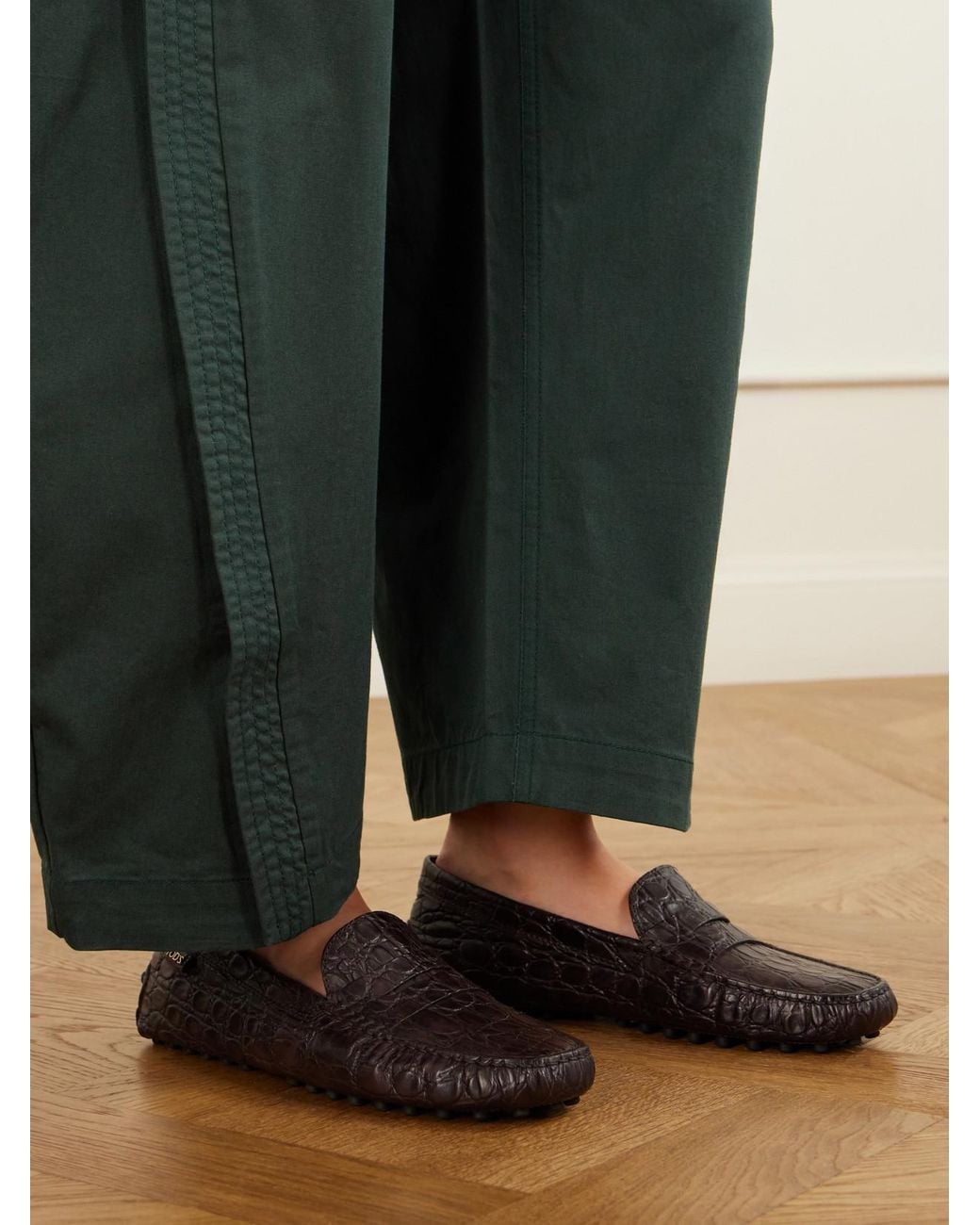 Tod's Brown Gommino Croc-Effect Leather Loafers