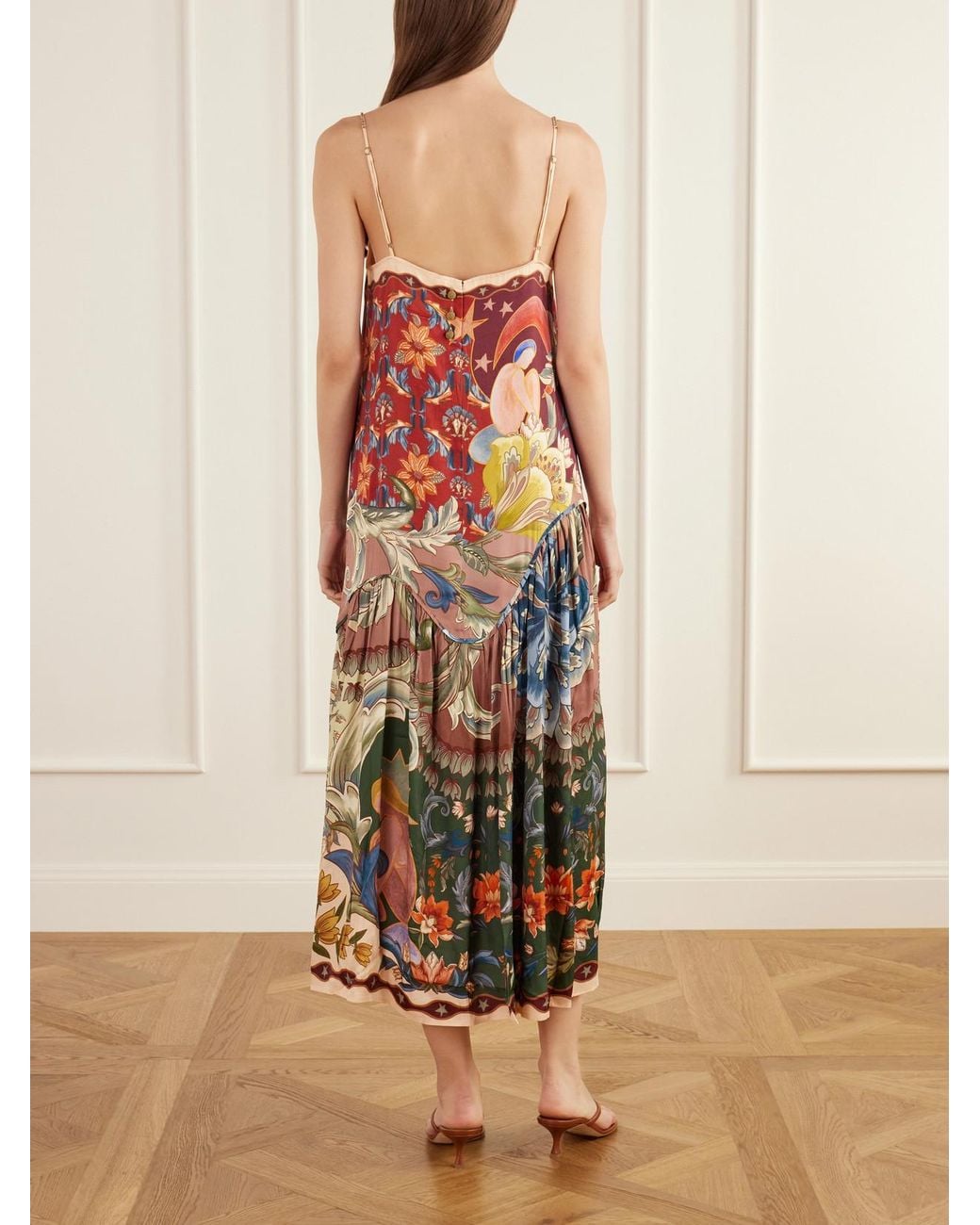 Farm Rio White Lunar Boho Bead-Embellished Gathered Printed Satin Midi Dress