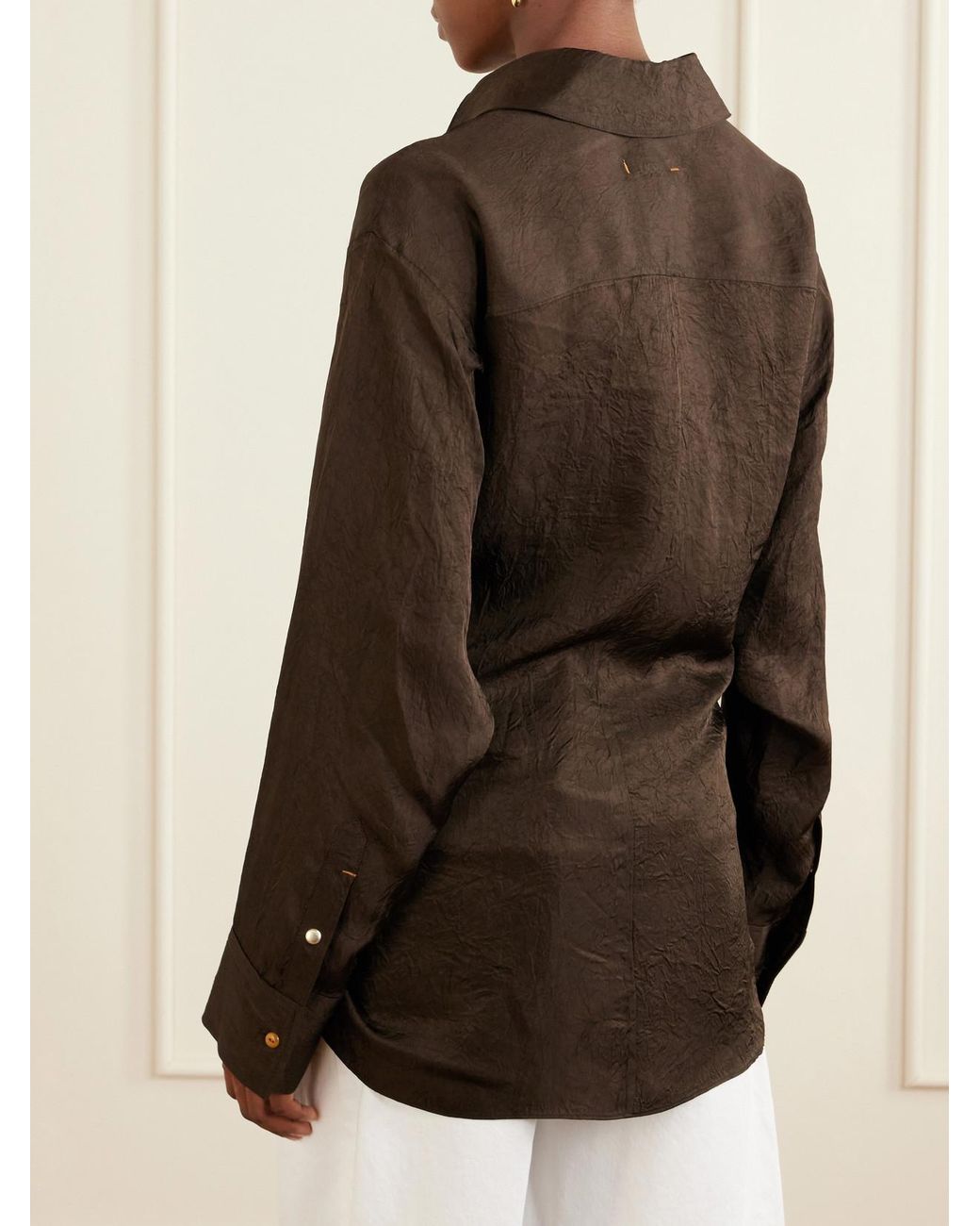 OSSOU Brown Arroyo Knotted Crinkled-Satin Shirt