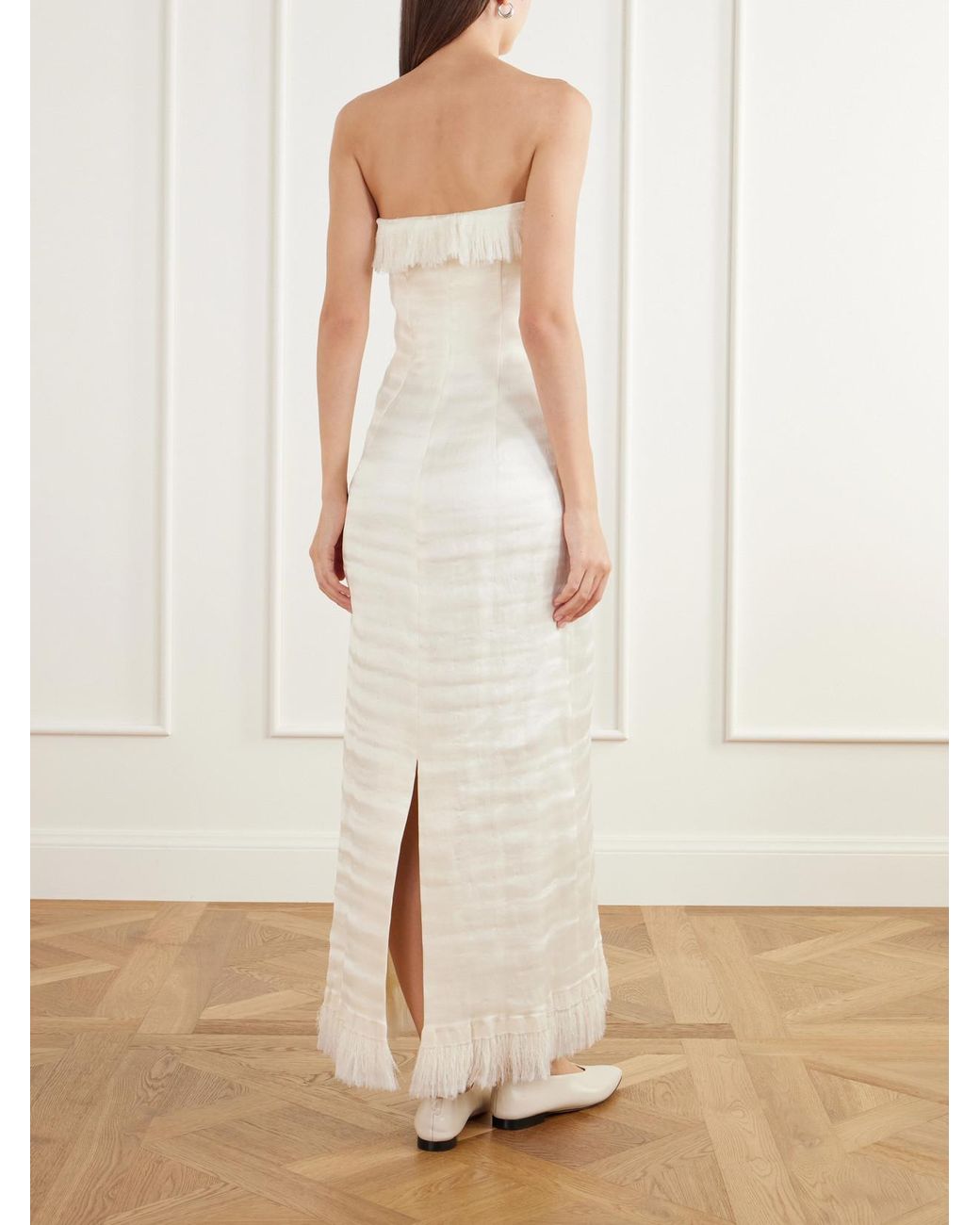 FFORME White Paloma Strapless Fringe-Trimmed Cotton-Blend Voile Maxi Dress