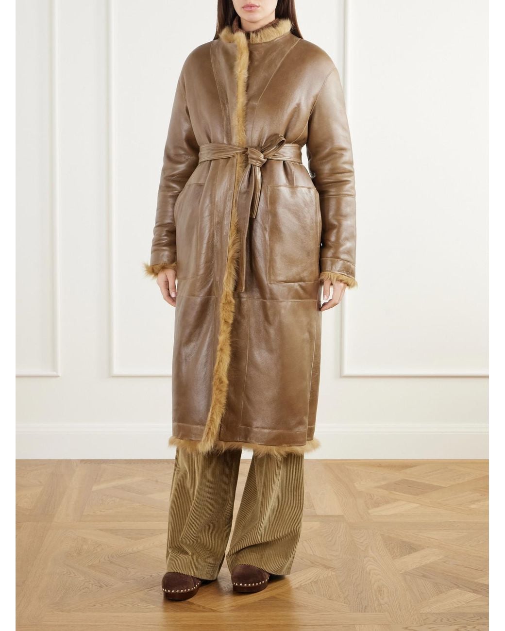 FFORME Natural Demi Reversible Belted Collarless Shearling Coat