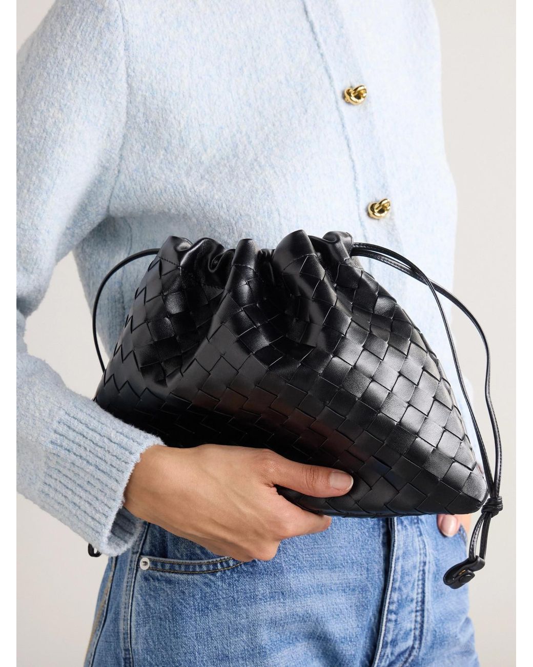 Bottega Veneta Black Dustbag Medium Intrecciato Leather Clutch