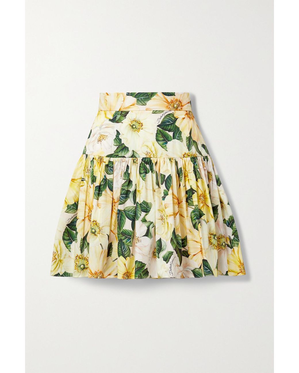 Dolce & Gabbana Pleated Floral-print Cotton-poplin Mini Skirt in Yellow ...