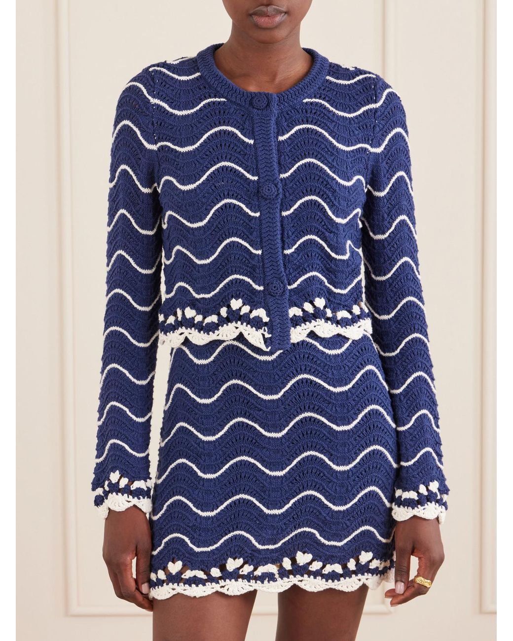 Cara Cara Blue Louise Scalloped Striped Cotton Knit Cardigan