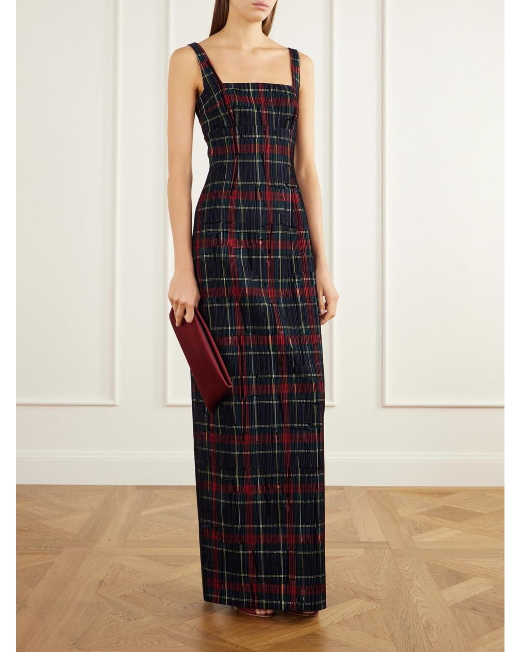 Emilia Wickstead Blue Micheline Checked Flocked Velvet-Trimmed Gabardine Maxi Dress