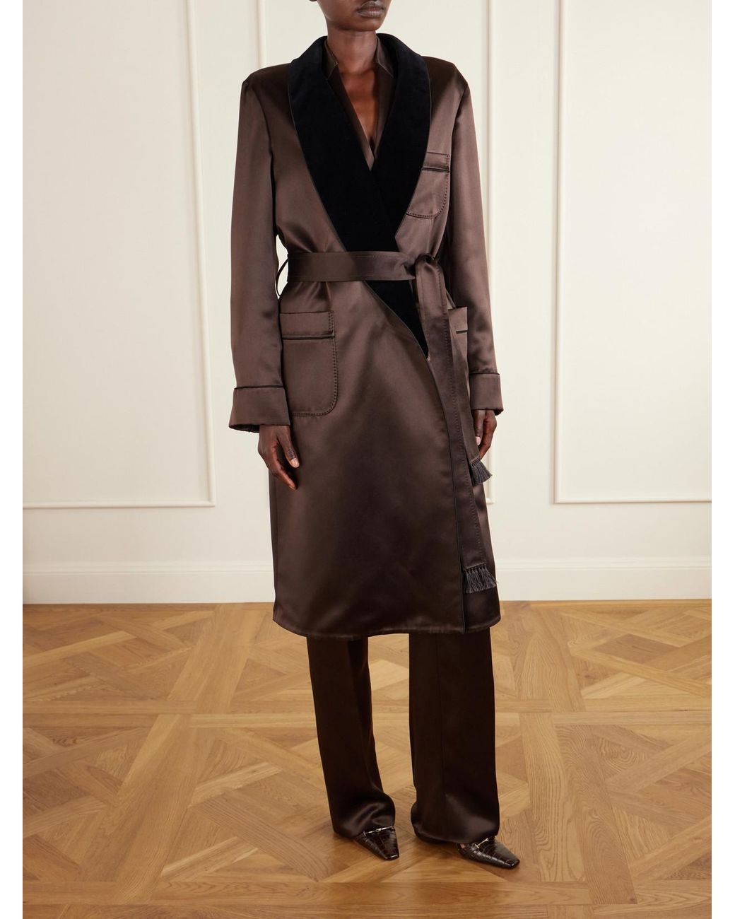 Tom Ford Brown Belted Velvet-Trimmed Silk-Satin Coat