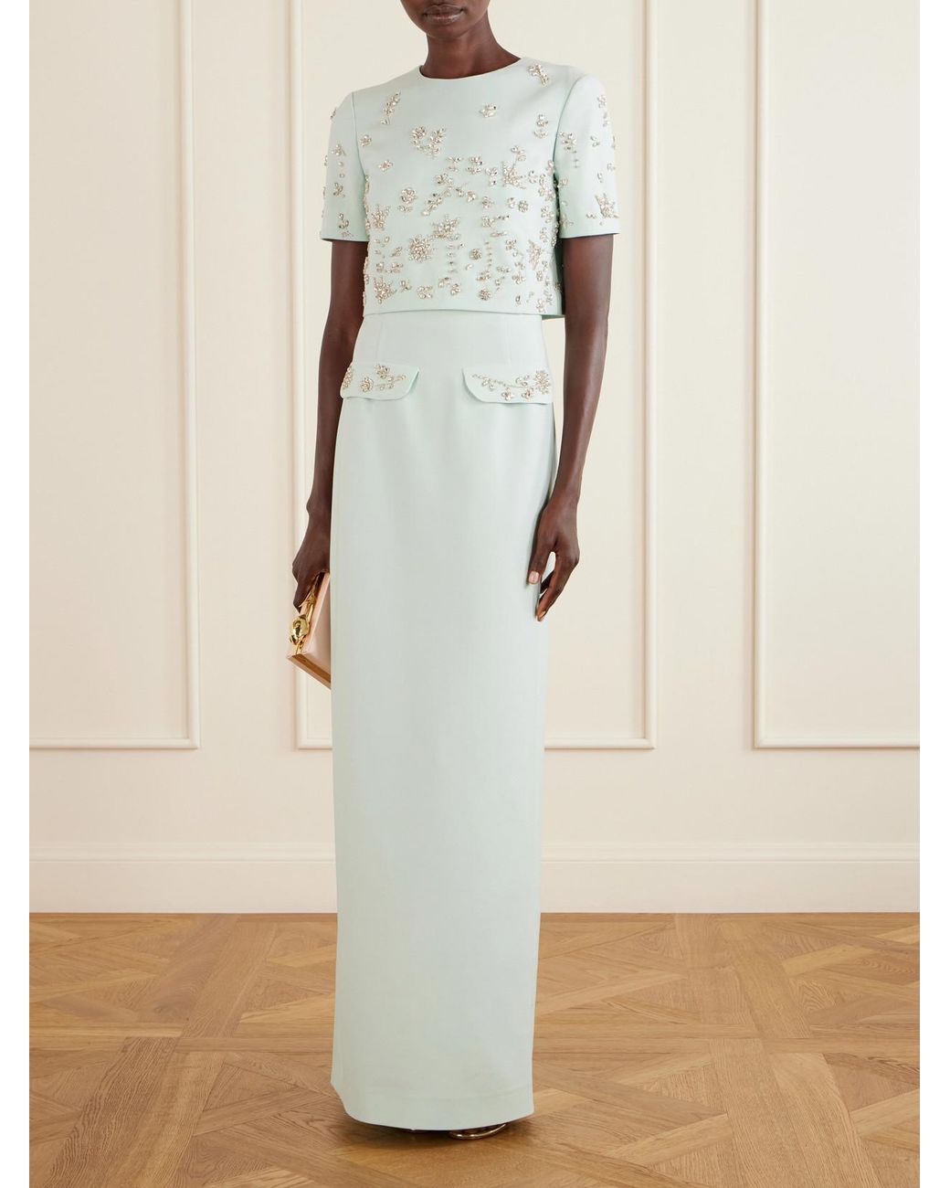 Oscar de la Renta Blue Crystal-Floral Embroidered Stretch-Wool Gown