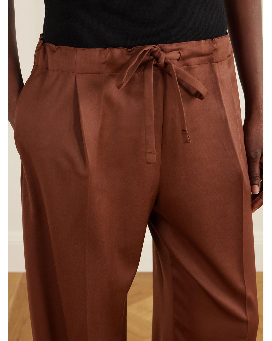 Another Tomorrow Brown Pleated Wool-Blend Straight-Leg Pants
