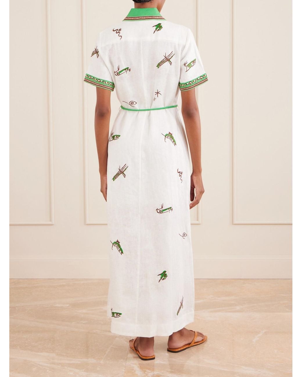 ALÉMAIS Natural Wanda Belted Embroidered Linen Midi Shirt Dress