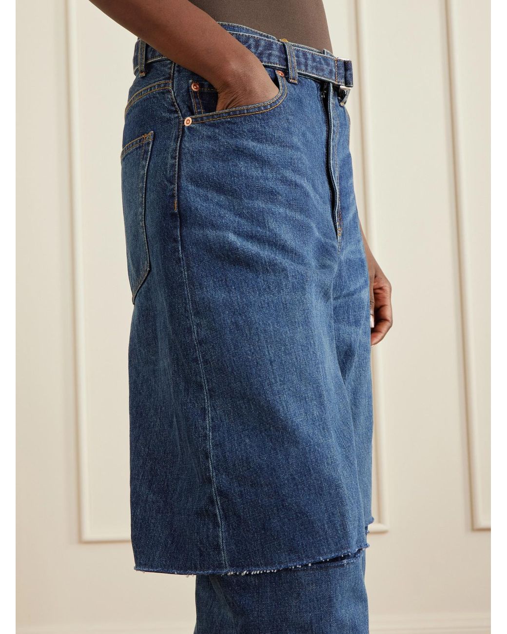 Sacai Blue Belted Cut-Out Mid-Rise Wide-Leg Jeans