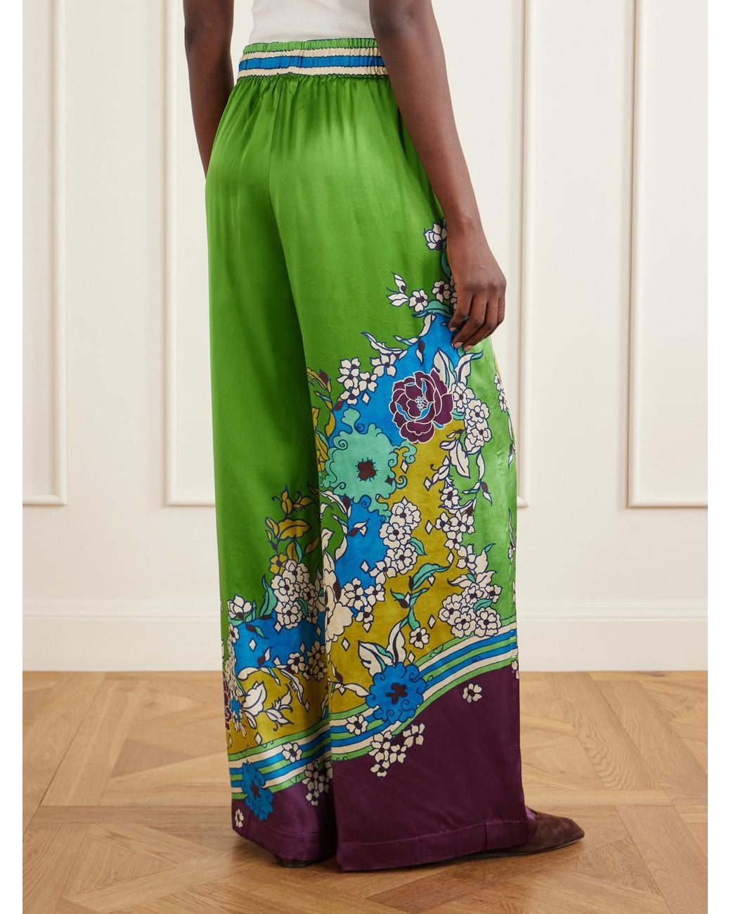 ALÉMAIS Green Nanci Floral-Print Silk-Satn Wide-Leg Pants