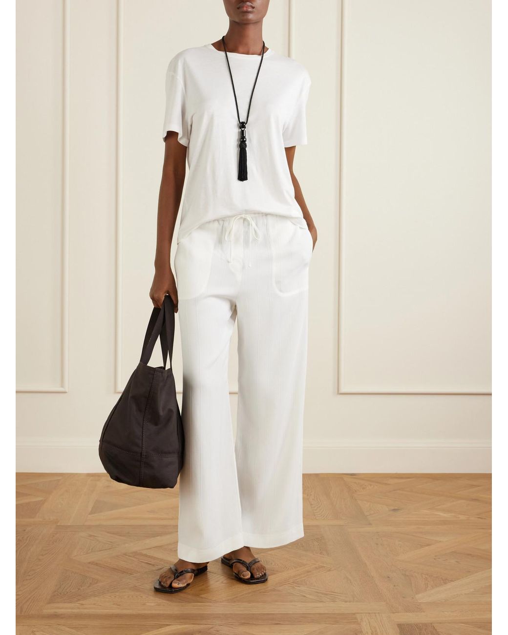 Totême White Striped Woven Wide-Leg Pants
