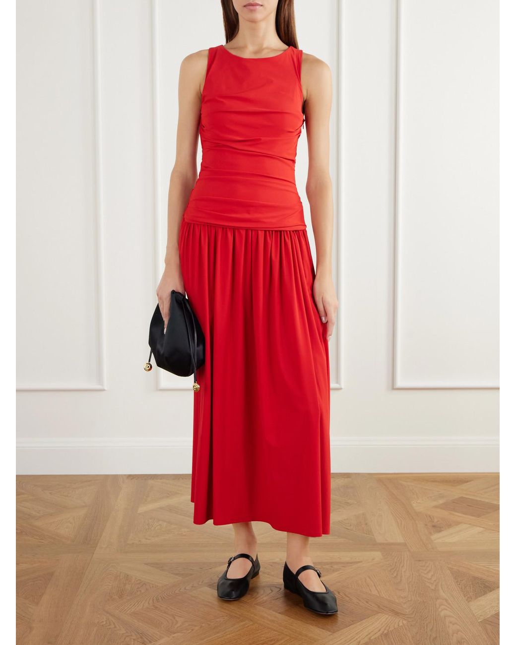 La Ligne Red Ruched Pleated Stretch-Jersey Midi Dress