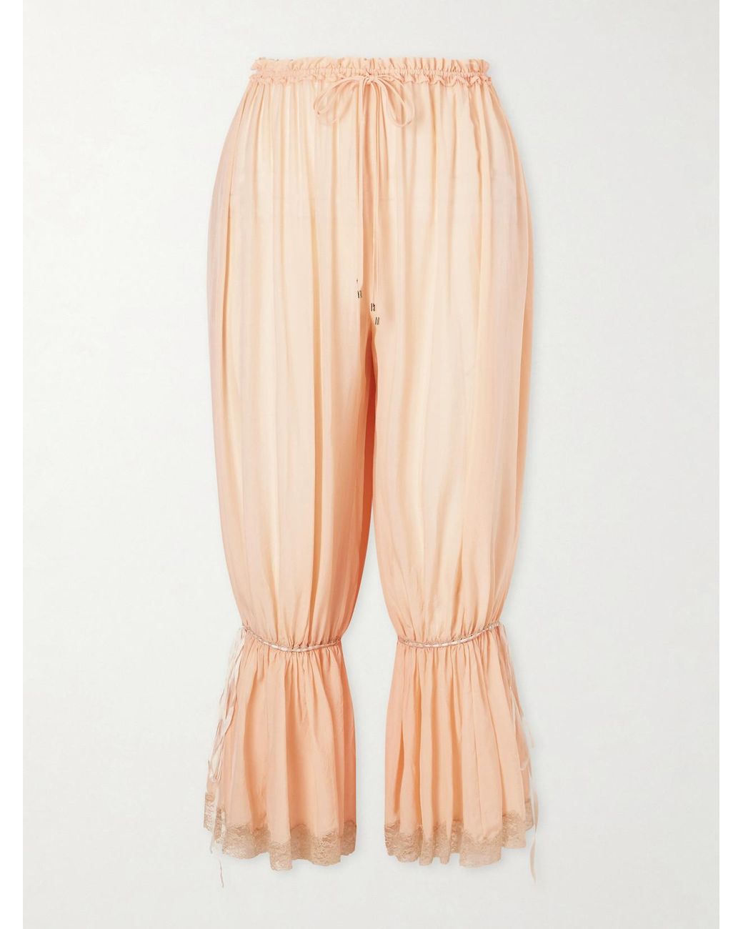 Chloé Natural Ruffled Pleated Lace-Trimmed Silk-Charmeuse Balloon Pants