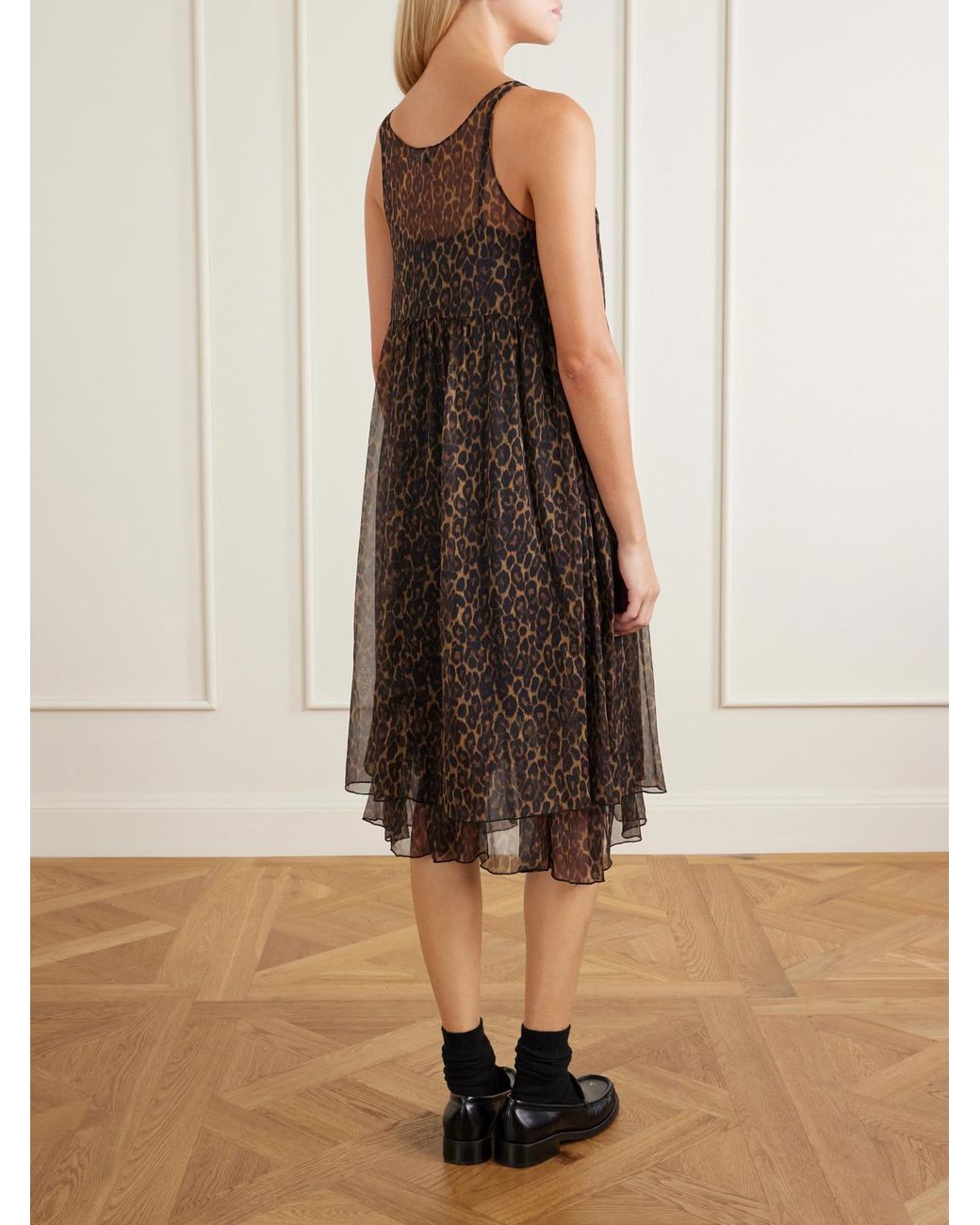 R13 Brown Gathered Tiered Animal-Print Silk-Chiffon Midi Dress
