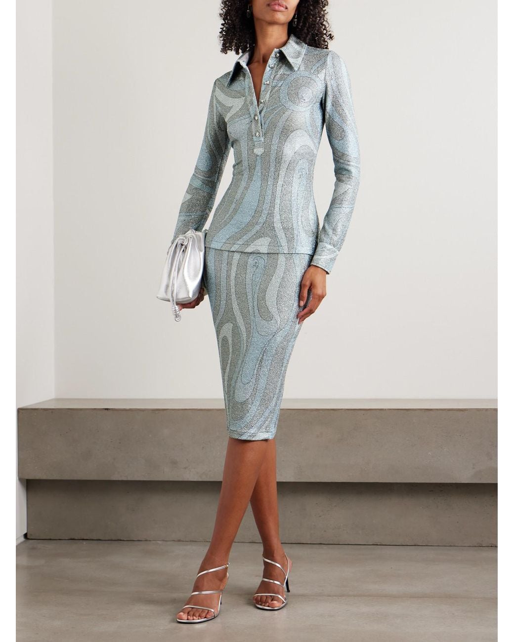 Emilio Pucci Blue Printed Metallic Jersey Polo Shirt
