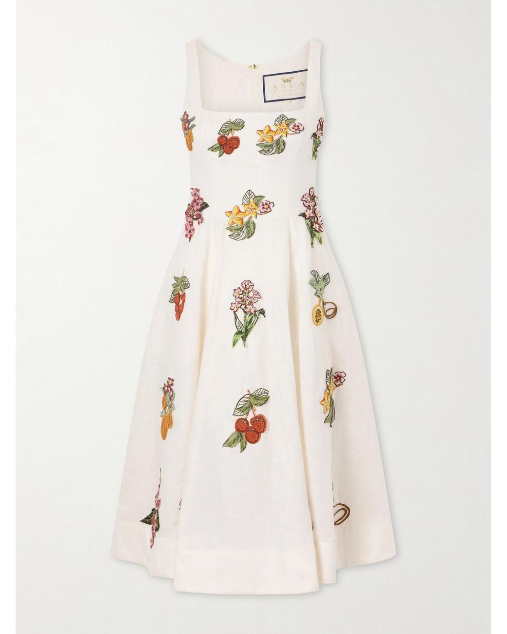Agua Bendita Natural Frontera Embellished Floral-Appliqué Linen Midi Dress