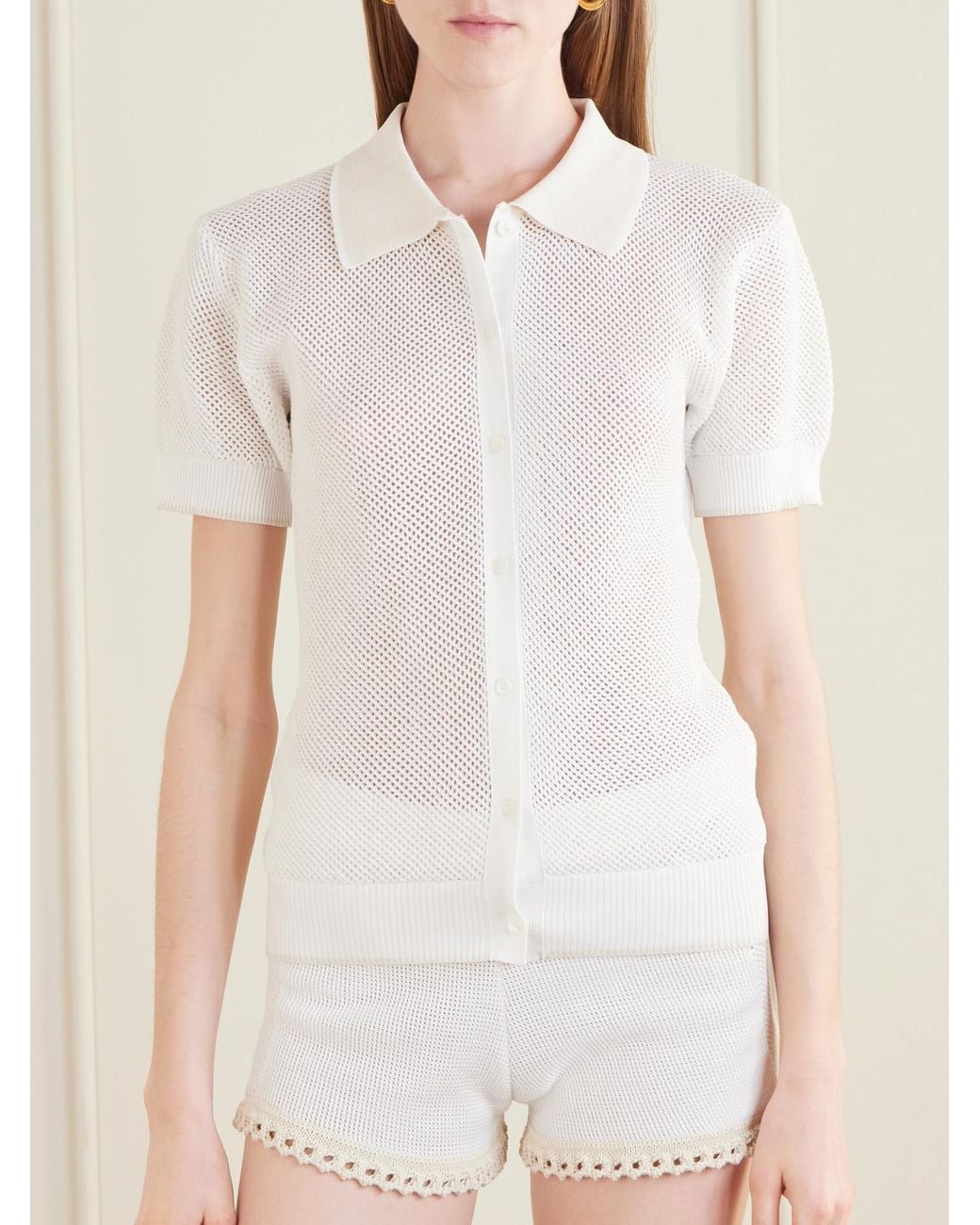 Stella McCartney White Open-Knit Cotton Polo Shirt