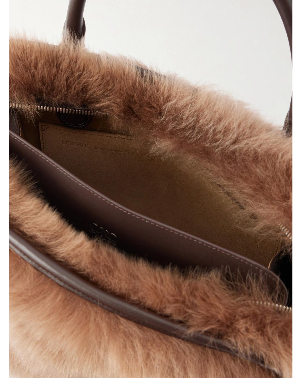 Loewe Brown Amazona 180 Medium Shearling-Trimmed Leather Shoulder Bag