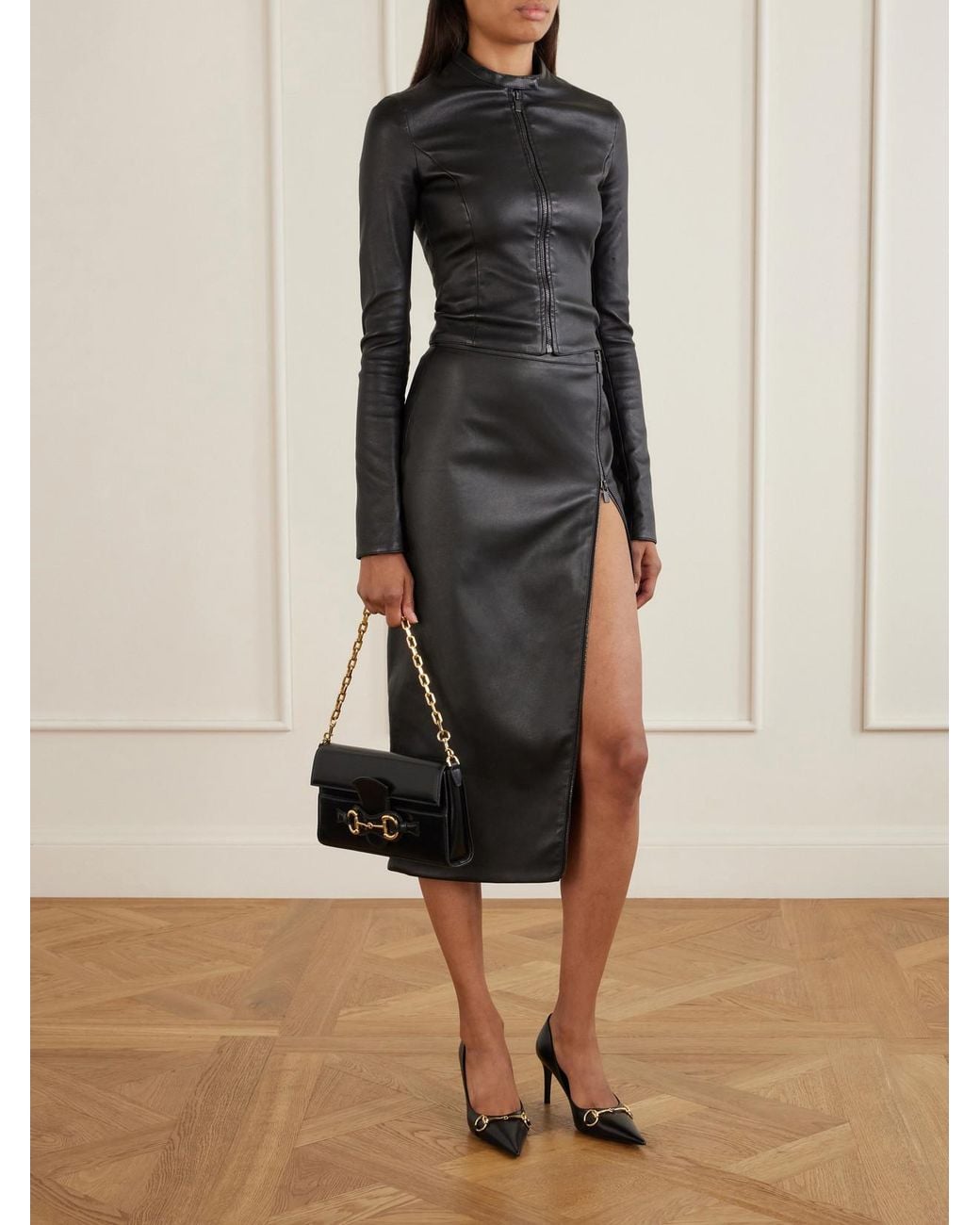 Gucci Black Leather Midi Skirt