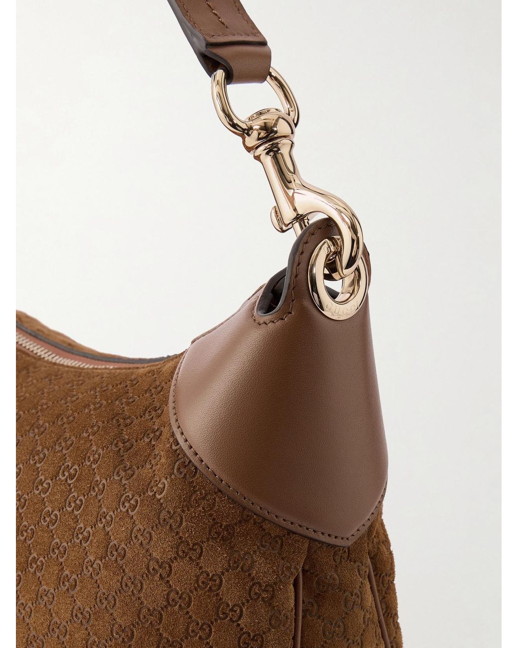 Gucci Brown B Medium Leather-Trimmed Debossed Suede Shoulder Bag
