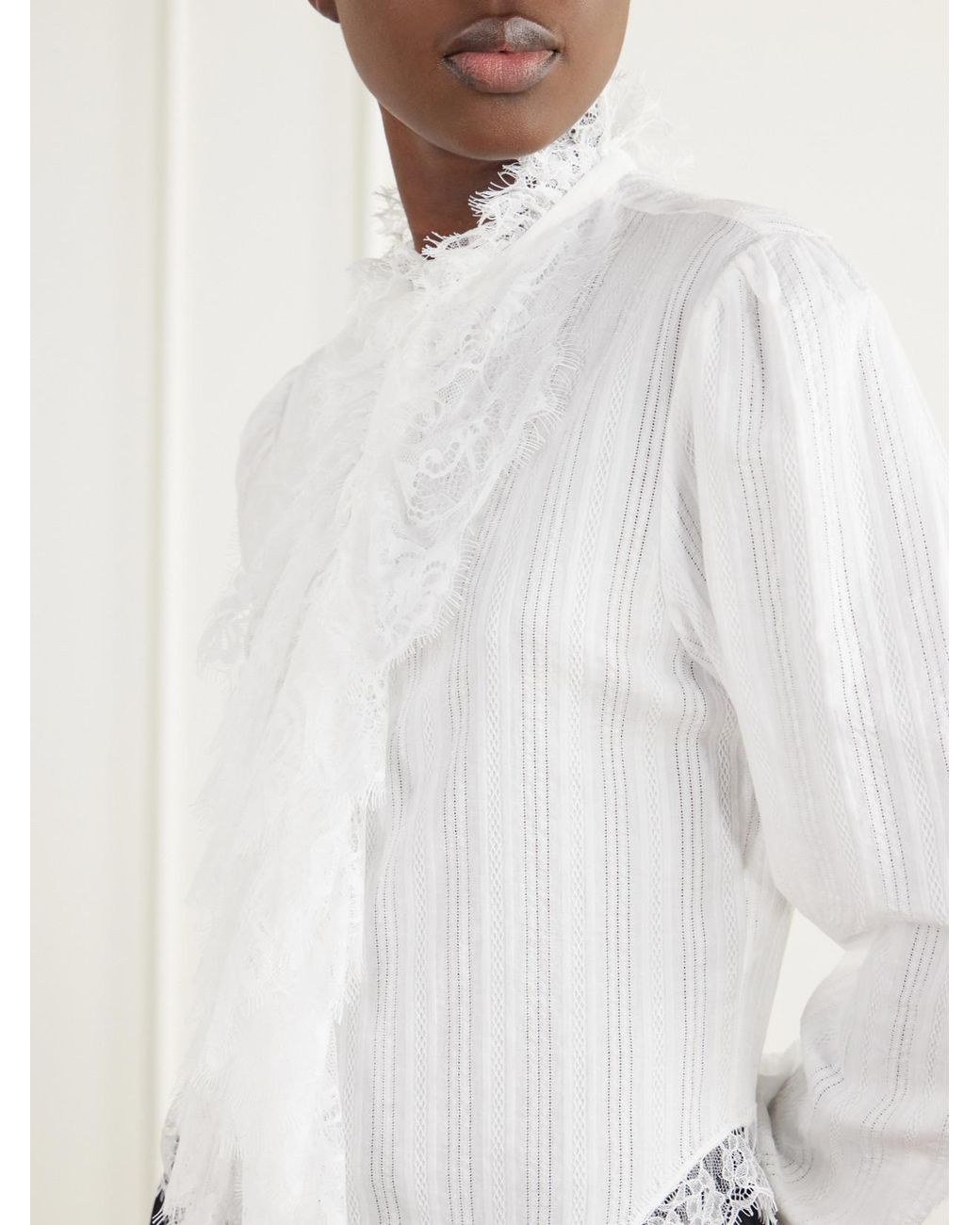 Ann Demeulemeester White Freda Cropped Ruffled Lace-Trimmed Openwork Cotton-Jacquard Blouse