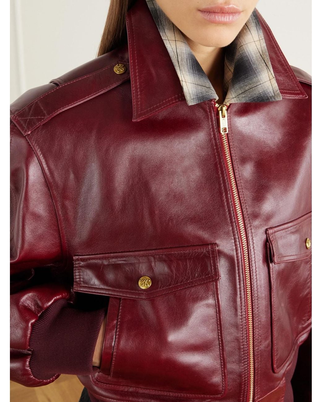 Willy Chavarria Red Cropped Leather Bomber Jacket
