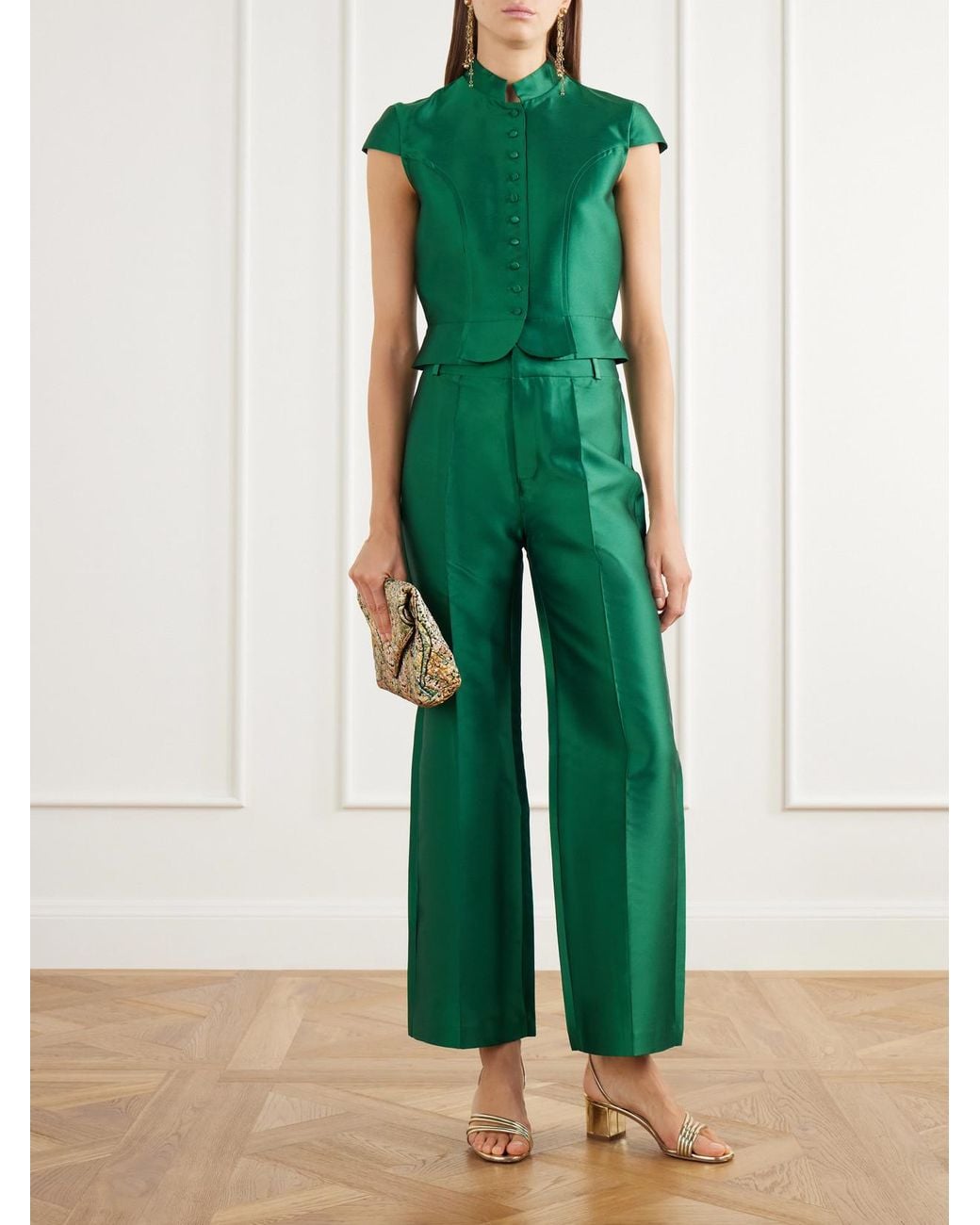 D'Estree Green Amoako Peplum Paneled Taffeta Blouse