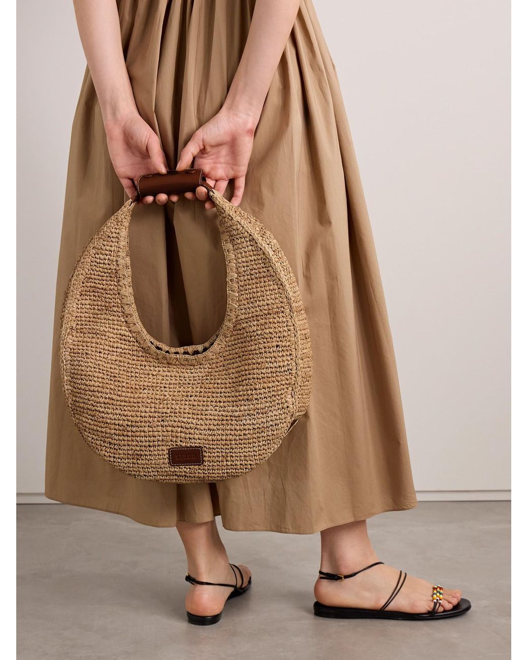 Staud Natural Moon Large Leather-Trimmed Raffia Tote