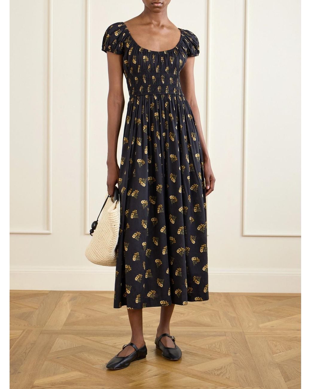 Doen Black Quinley Shirred Floral-Print Cotton-Blend Poplin Midi Dress