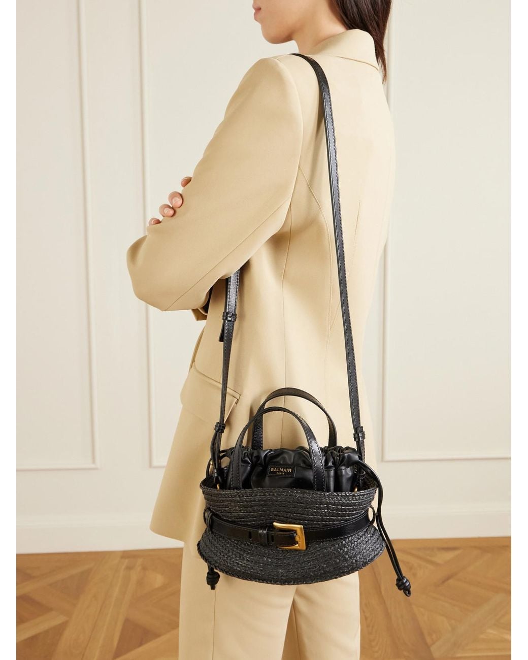 Balmain Black Shuffle Mini Buckled Leather-Trimmed Raffia Shoulder Bag