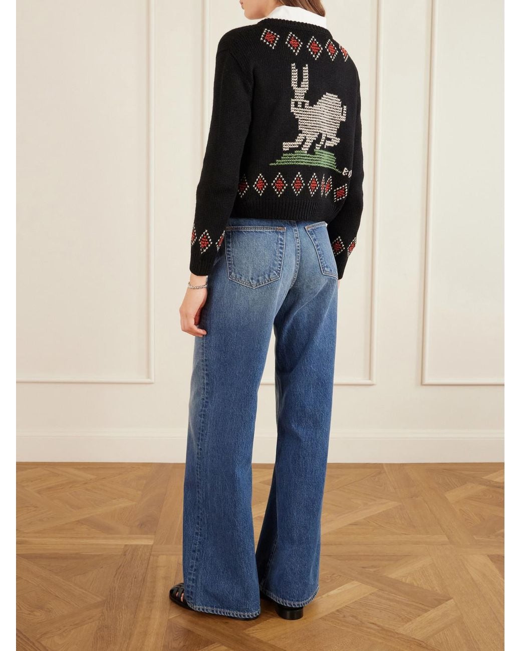 Bode Black Bunny Jacquard-Knit Wool Cardigan