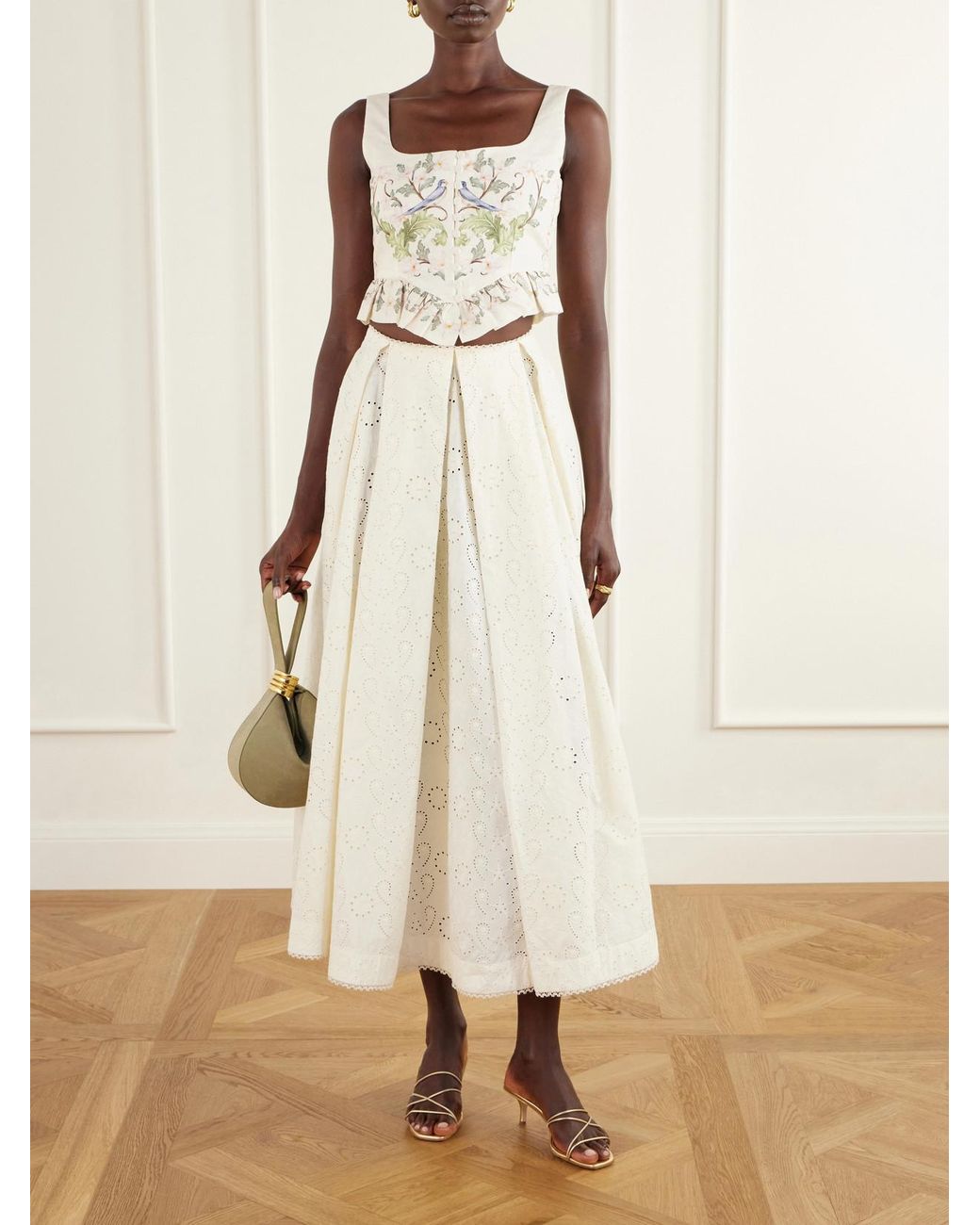 Agua Bendita White Delta Playa Broderie Anglaise Cotton Midi Skirt