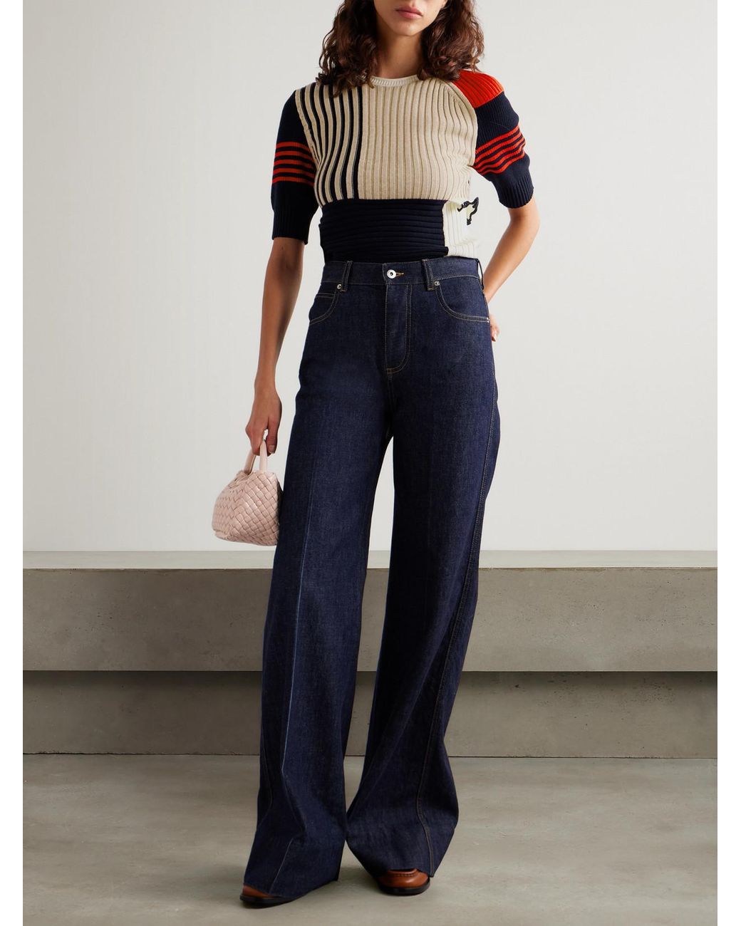 Bottega Veneta Blue Patchwork Ruffled Striped Ribbed Cotton Sweater