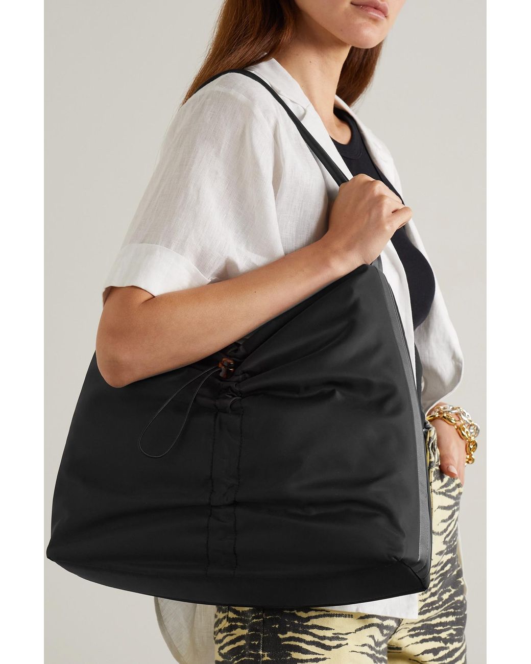 STAUD Felix Leather-trimmed Ruched Shell Tote in Black | Lyst