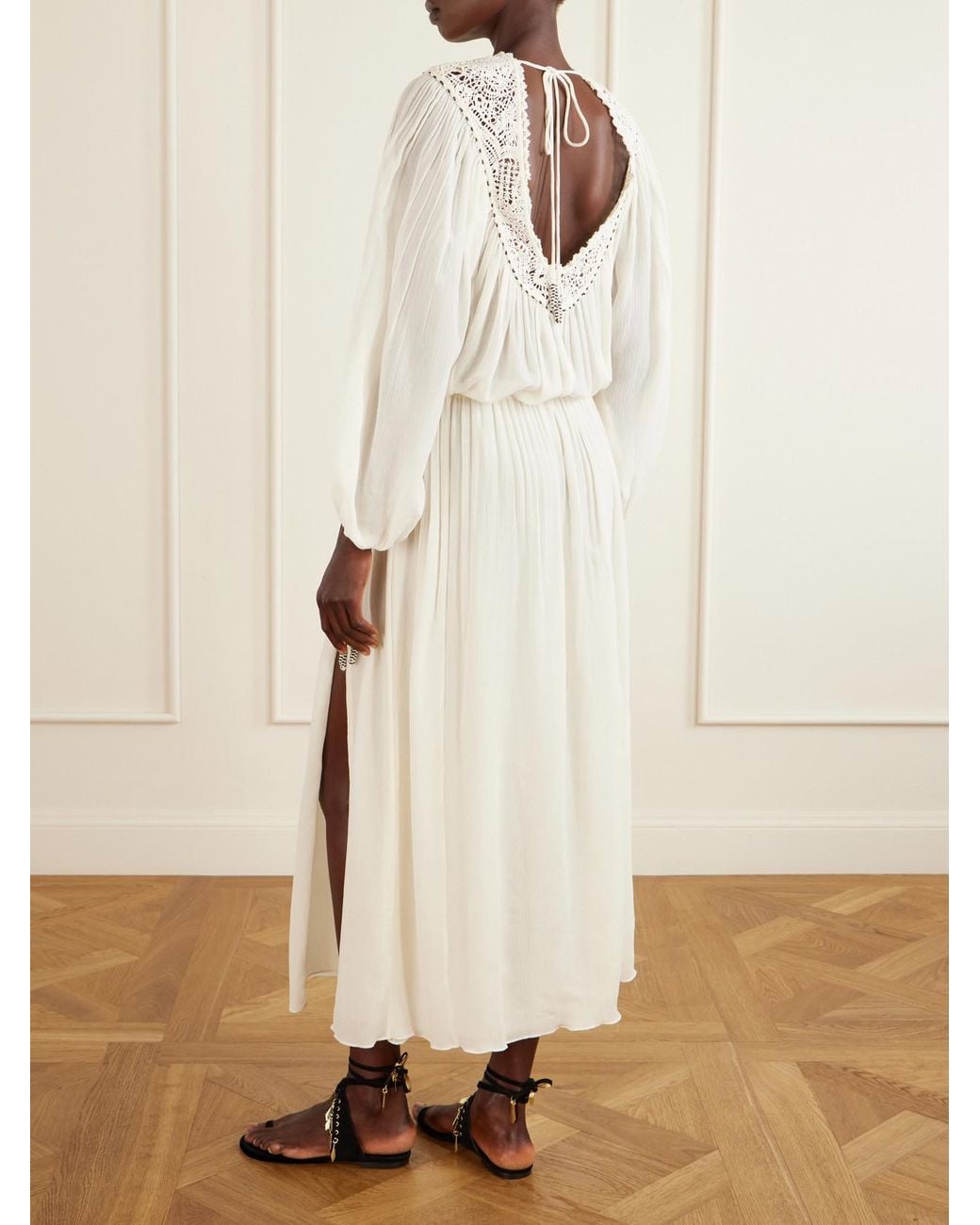 Isabel Marant White Nydia Lace-Trimmed Bead-Embellished Silk-Chiffon Midi Dress