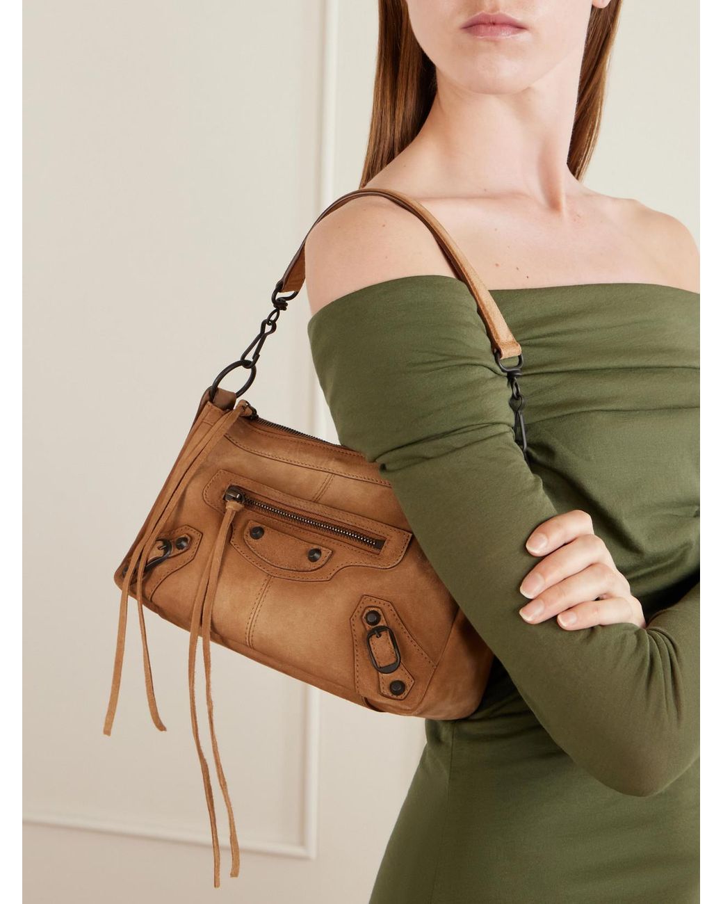 Balenciaga Brown Le City Moto Mini Suede Shoulder Bag