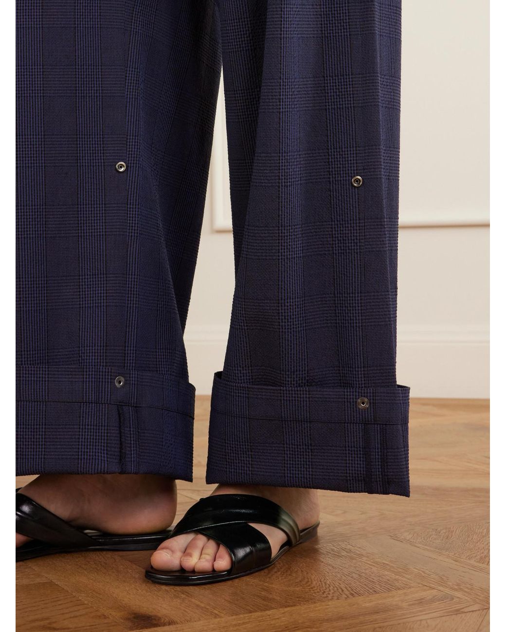 Tibi Blue Stella Pleated Checked Wool And Cotton-Blend Wide-Leg Pants