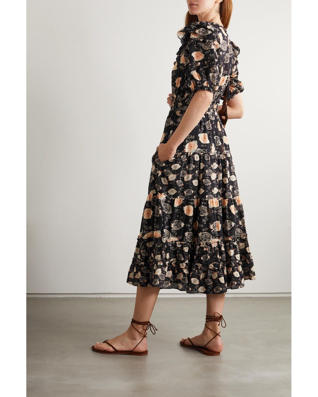 Ulla Johnson Irvette Ruffled Floral-print Cotton-blend Midi Dress in Black  | Lyst
