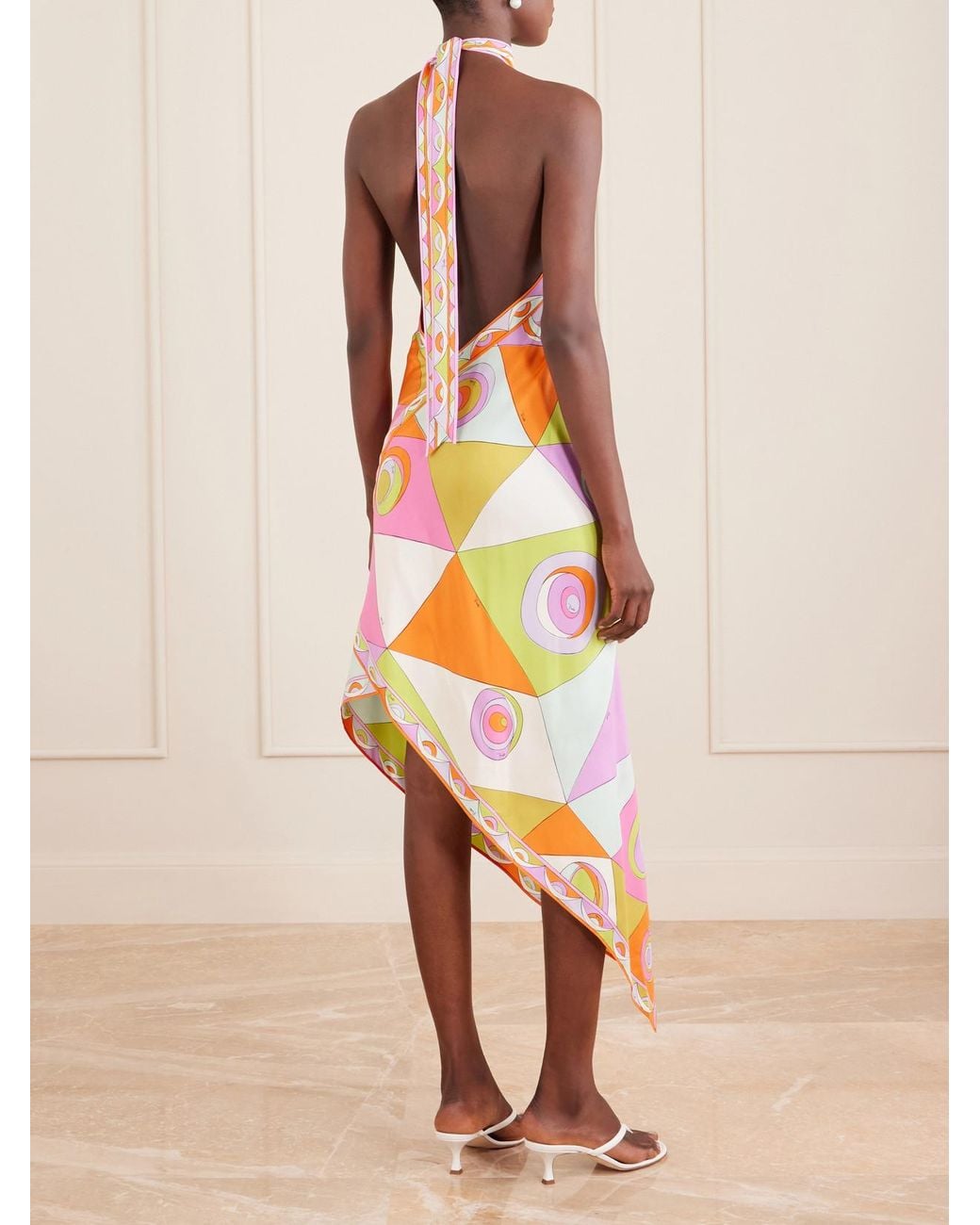 Emilio Pucci White Asymmetric Printed Silk-Twill Halterneck Midi Dress