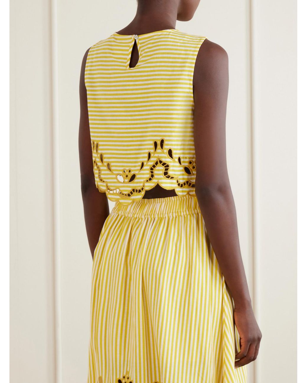 Farm Rio Yellow Cropped Striped Broderie Anglaise-Trimmed Linen-Blend Tank
