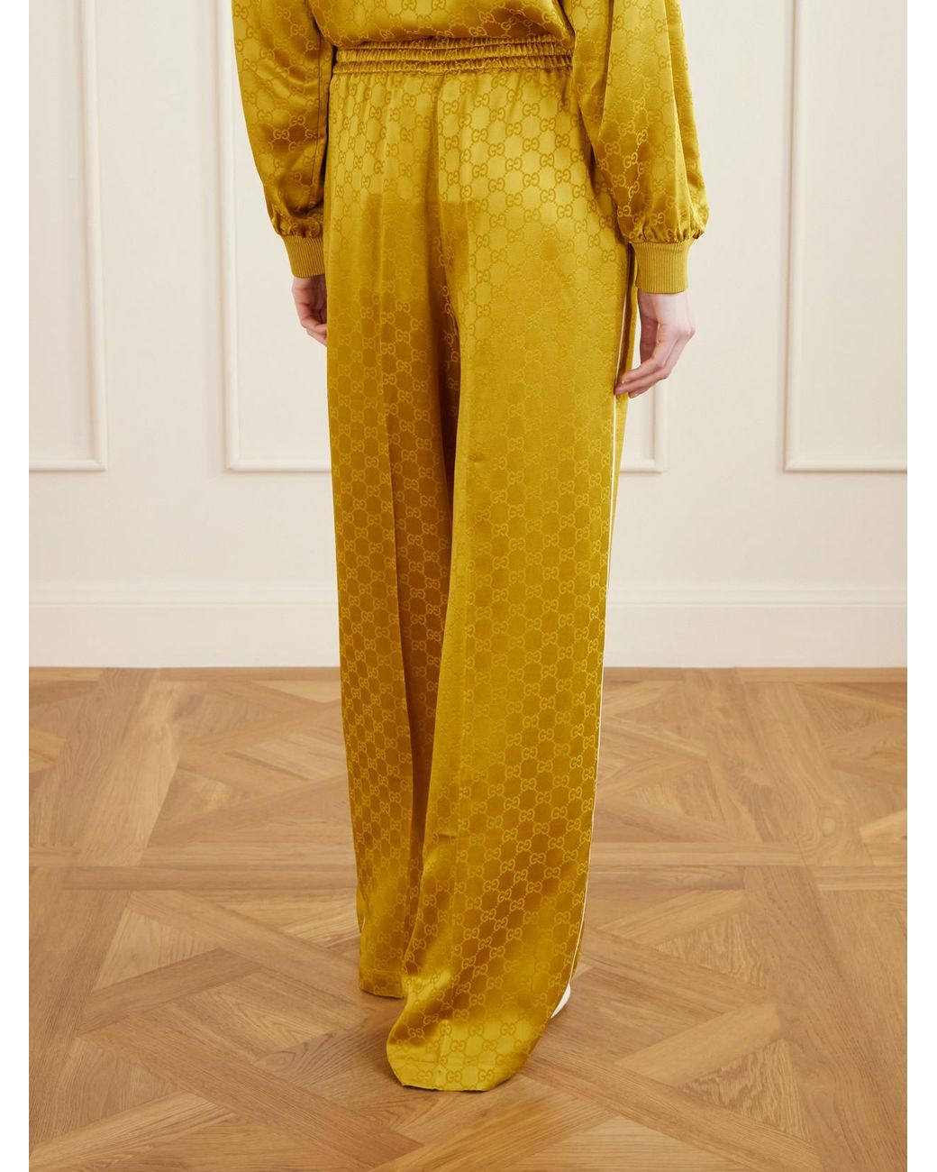 Gucci Yellow Satin-Jacquard Straight-Leg Pants