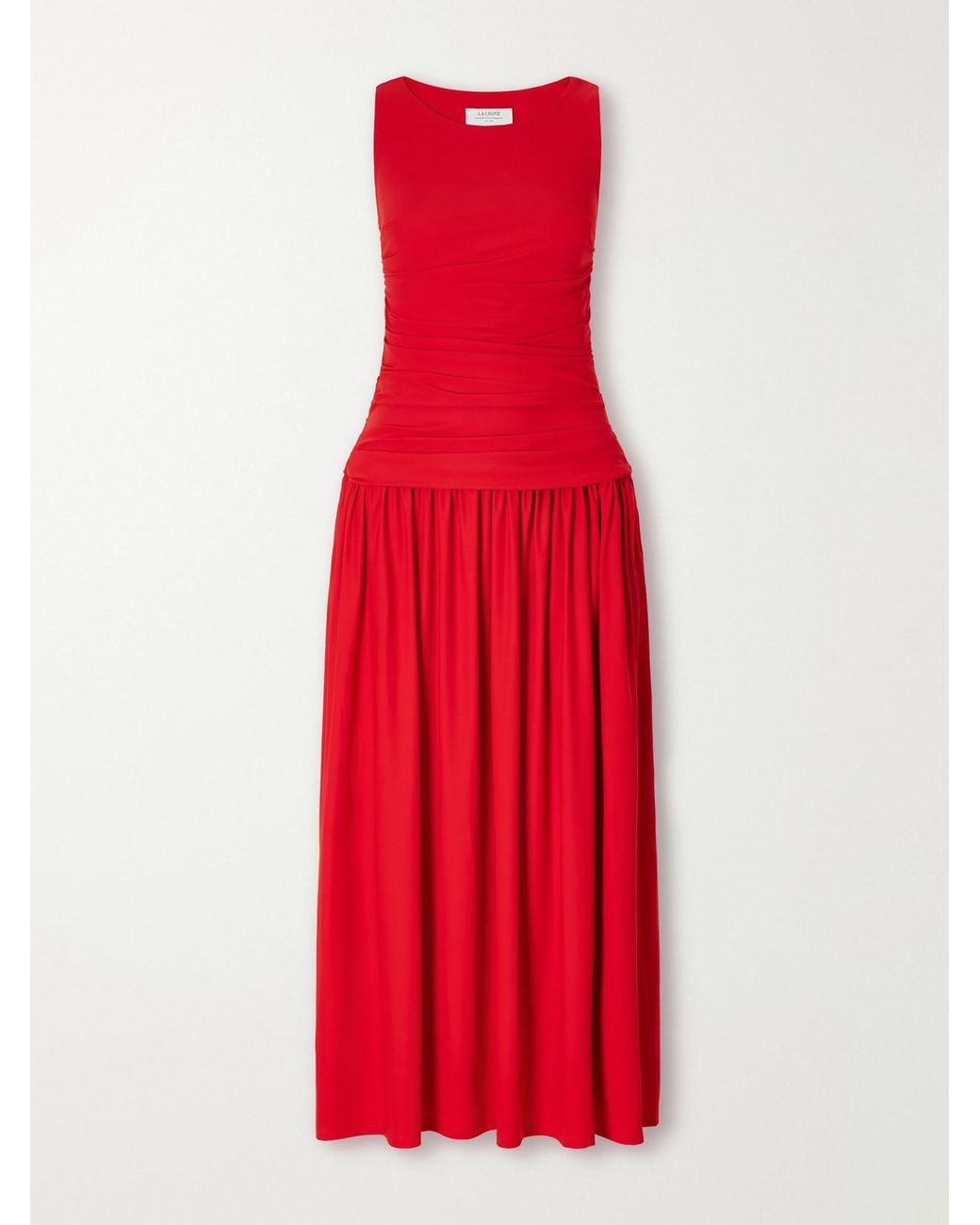 La Ligne Red Ruched Pleated Stretch-Jersey Midi Dress