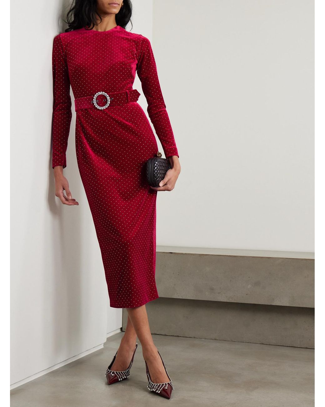 Borgo De Nor Kiara Belted Crystal-Embellished Stretch-Velvet Midi Dress in Red | Lyst Borgo De Nor Kiara Belted Crystal-Embellished Stretch-Velvet Midi Dress in Red | Lyst