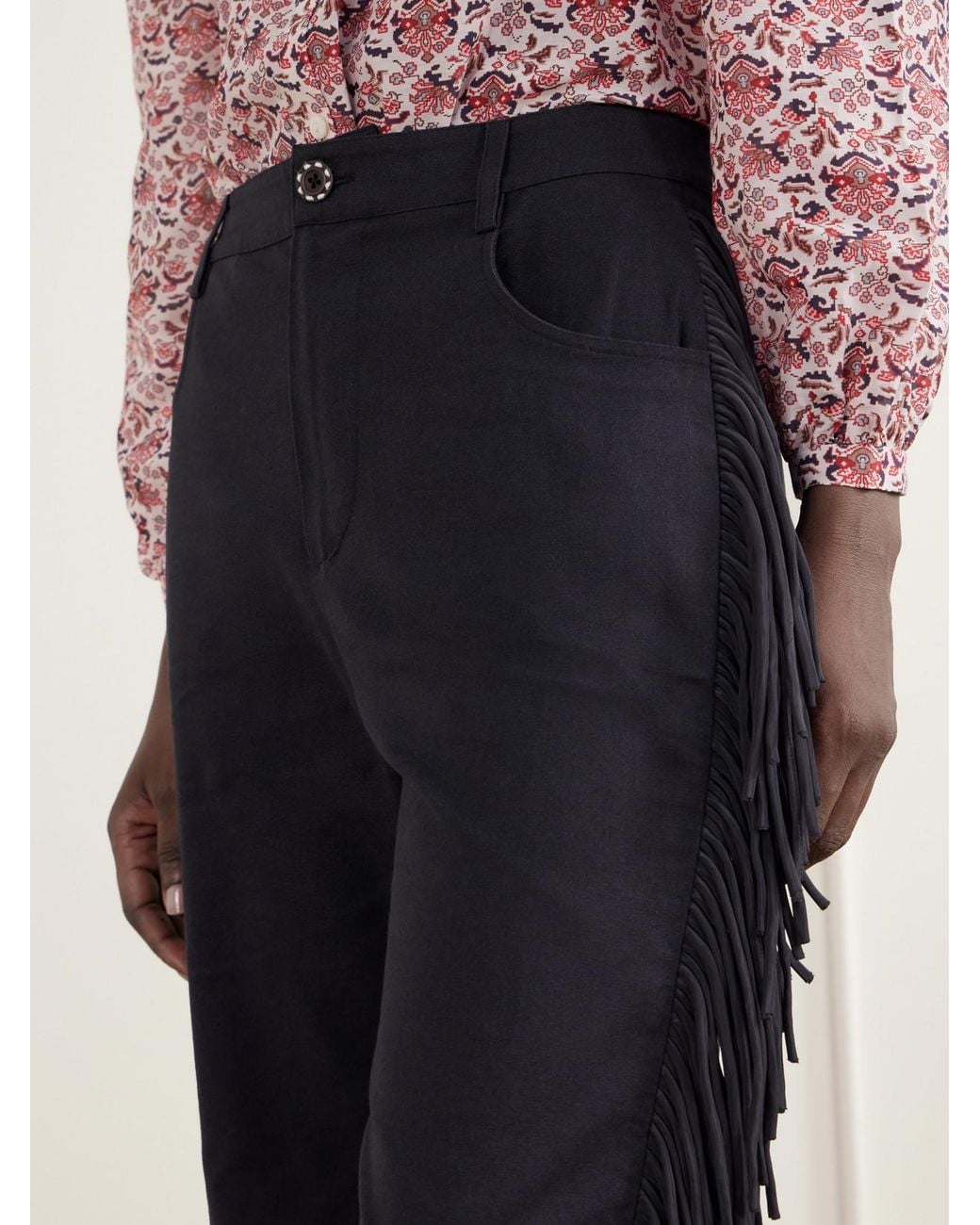 Alix Of Bohemia Blue Bunny Onyx Fringed Cotton-Gabardine Straight-Leg Pants